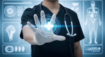 Cutting-edge medical professional interacting with advanced healthcare technology for innovative solutions in patient care and digital medicine today