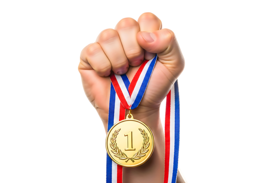 Fist holding up a first place gold medal with red white and blue ribbon isolated on transparent background - Powered by Adobe