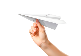 Hand holding a white paper airplane ready to launch isolated on transparent background