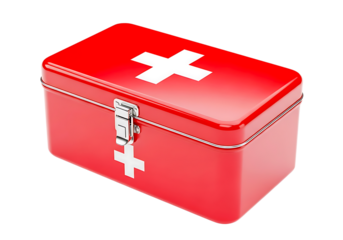 Red metal first aid kit box with white cross symbol isolated on transparent background