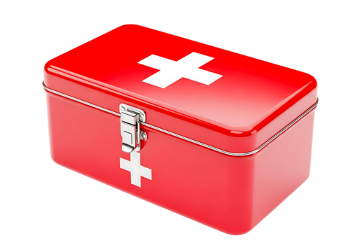 Red metal first aid kit box with white cross symbol isolated on transparent background