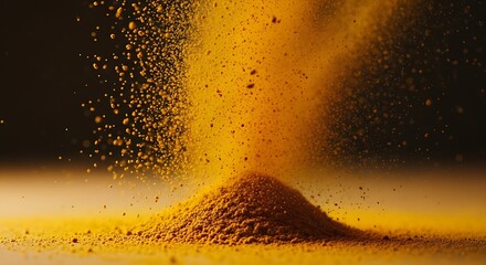 A vibrant cascade of golden turmeric powder gracefully descends, forming a rich, textured mound, showcasing the essence of this aromatic spice.