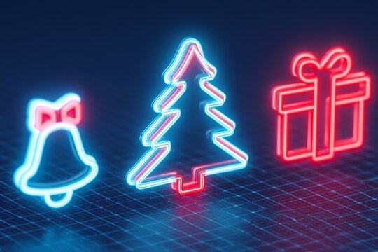 Glowing neon holiday icons illustration featuring a bell, Christmas tree, and gift box, creating a festive atmosphere with vibrant colors and modern design elements