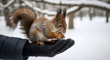 Adorable red squirrel eating from human hand during snowy winter season, displaying trust and curiosity with fluffy tail and attentive expression, capturing magical moment of wildlife interaction and 