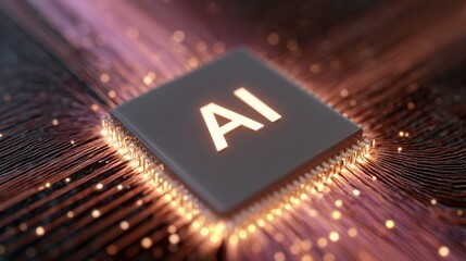 Futuristic abstract concept of artificial intelligence with glowing microchip surrounded by intricate circuit patterns, showcasing advanced technology and innovation in digital design