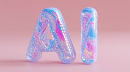 Colorful translucent glass letters "AI" with swirling patterns and vibrant hues, showcasing modern design and creativity in a minimalistic setting with soft pink background