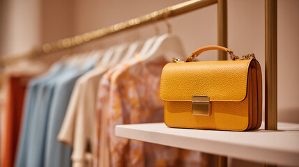 Chic Mustard Yellow Handbag: A vibrant statement piece on a shelf, complementing the soft-hued clothing in the background, perfect for adding a pop of color.