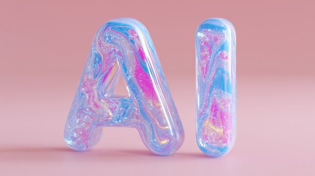 Colorful translucent glass letters "AI" with swirling patterns and vibrant hues, showcasing modern design and creativity in a minimalistic setting with soft pink background