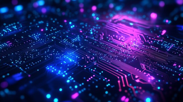 Vibrant glowing circuit board with electric blue and pink hues for technology solutions or innovative technology concepts and dynamic digital designs