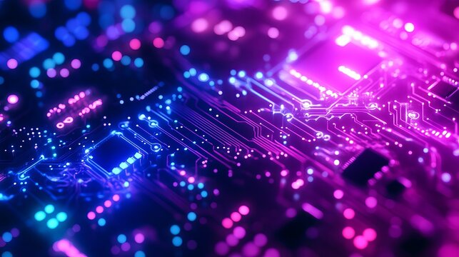 Dynamic circuit board glows with vibrant neon light, conveying cutting-edge technology, innovation, and the future of computing