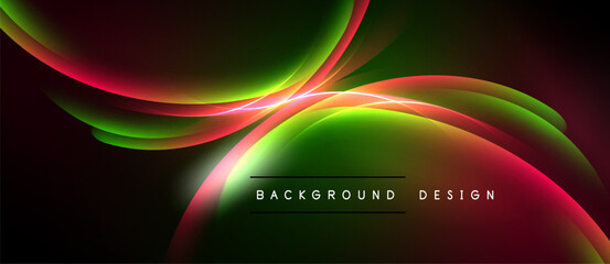 Abstract vibrant waves, flowing lines. Red, green hues blend against dark backdrop. Modern design element, dynamic composition.
