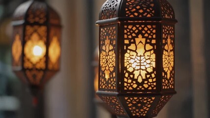 Decorative Middle Eastern style lanterns with intricate metal patterns, casting a warm and inviting glow for a festive celebration
