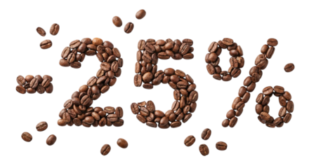 Minus 25% discount sign made of roasted coffee beans isolated on white background