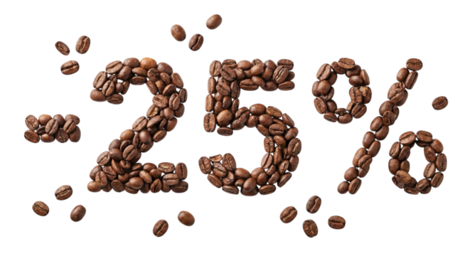Minus 25% discount sign made of roasted coffee beans isolated on white background