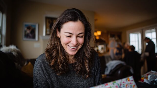 A woman's face radiates with joy as she gazes down at a wrapped gift, her brown hair cascading around her shoulders, surrounded by a cozy, warm atmosphere of home and celebration.