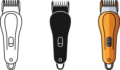 Electric hair clippers grooming tool for cutting and trimming hair vector illustration icons, silhouette 