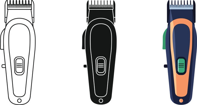 Electric hair clippers grooming tool for cutting and trimming hair vector illustration icons, silhouette 