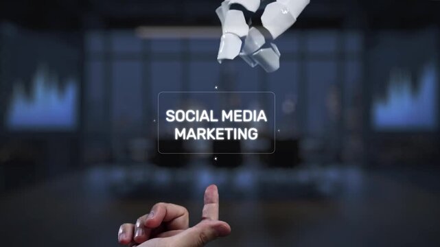 Explore the innovative realm of social media marketing as a robotic hand interacts with a digital interface, representing technology and automation in modern business strategies. Synapse