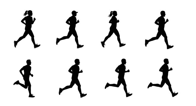 A set of eight simple black silhouette icons depicting various male and female runners in different stages of the running stride for fitness graphic design