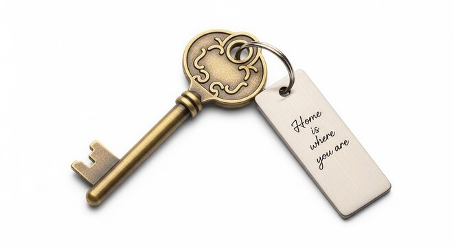Decorative key with a tag reading "Home is where you are," symbolizing connection and belonging, with copy space
