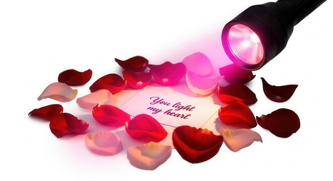 Flashlight illuminating a note saying "You light my heart" surrounded by rose petals, creating a romantic atmosphere, with copy space
