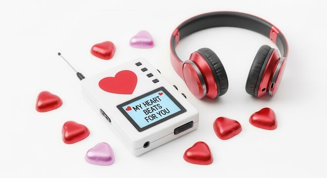 Retro music player with a heart symbol displaying "My heart beats for you," surrounded by heart-shaped candies and headphones, conveying love and affection, with copy space