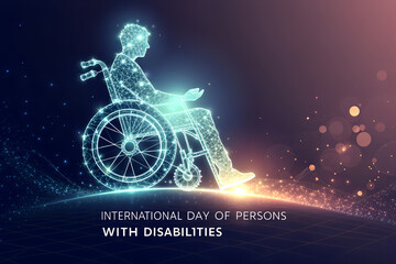 International Day of Persons with Disabilities image with glowing wheelchair figure and particle-filled gradient background generative ai