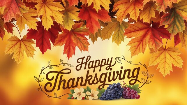 Colorful fall leaves surround a bold Thanksgiving celebration message.