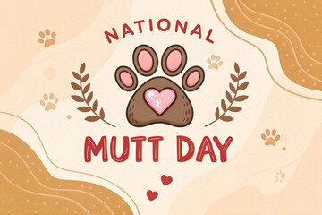 National Mutt Day graphic with paw print, heart icon, decorative branches, and soft beige background generative ai
