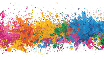 Colorful splashes of paint create vibrant and dynamic visual on white background. Red, purple, blue, green, and yellow. This artwork evokes creativity.