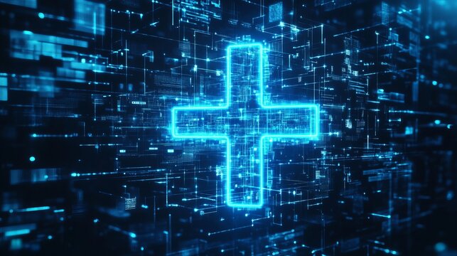 Futuristic technology with glowing medical cross for innovative healthcare solutions, highlighting digital medicine and advanced research in a modern setting