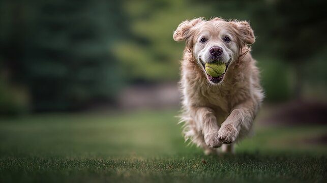 A happy retriever runs across a lush green lawn, tennis ball firmly in mouth. Energy and joy are apparent in every stride, showcasing the simple pleasures of play.