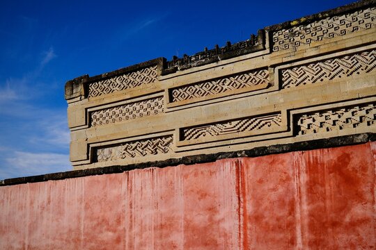 Red Wall Beneath Mitla&rsquo;s Carved Stone Friezes (Mitla, Oaxaca, Mexico)