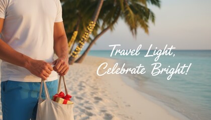 Christmas vacation banner of young man holding tote with gift box,sunset ocean tropical trees with LED lights. script saying “Travel light,celebrate bright”. joyful spirit of Christmas holiday by sea.