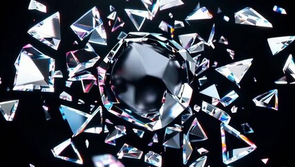 A Dark Crystal Sphere Pulsates Amidst a Dynamic Vortex of Shattered Mirror Shards. - Powered by Adobe