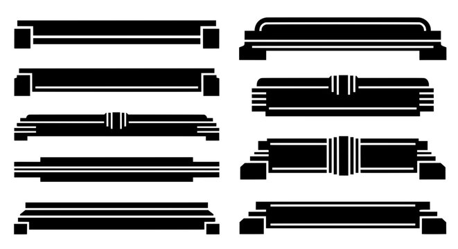 Set of horizontal black silhouettes featuring art deco lines and locomotive style bumpers for retro industrial banners and divider designs.