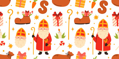 Seamless pattern for Sinterklaas. Saint Nicholas, gifts, a shoe filled with sweets, and a golden staff.