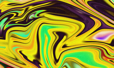 Marbled yellow green and purple liquid flow texture background.
