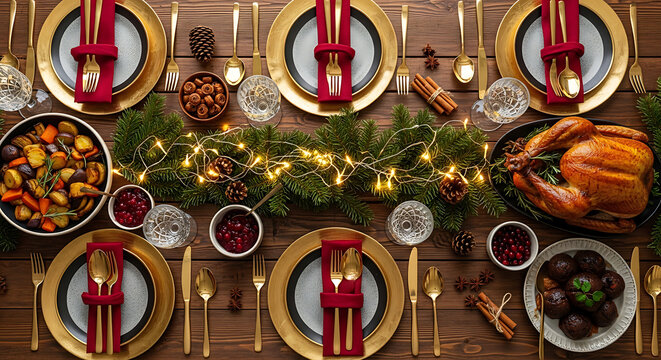 Luxurious festive holiday dinner table, artfully arranged with a golden roasted turkey, various side dishes, and sparkling decorations, ready for a memorable culinary celebration