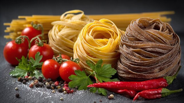 An appetizing pasta presentation featuring vibrant tomatoes, spicy peppers, fresh parsley, and mixed peppercorns, embodying the essence of Italian culinary tradition. Fresh and full of flavor!