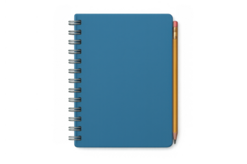 Blue spiral bound notebook with pencil, transparent background, for planning, study, and organization