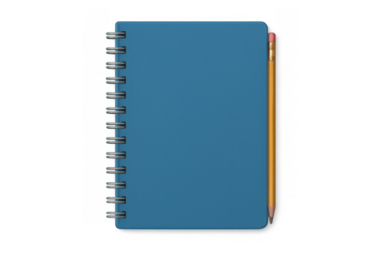 Blue spiral bound notebook with pencil, transparent background, for planning, study, and organization