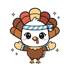Adorable festive cartoon turkey illustration with sparkling details and a cheerful headband design, perfect as a graphic element for autumn celebrations