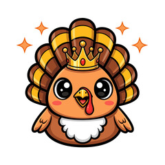 A cute cartoon turkey king illustration, adorned with a golden crown and sparkling stars, perfect for festive holiday designs