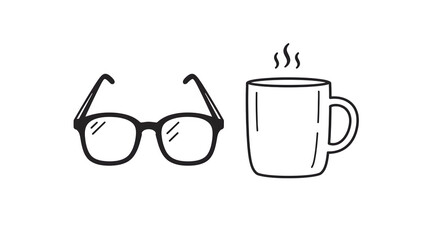 Black outlines depict eyeglasses and coffee mug. Simplistic style suits blog illustrations, website graphics, or social media design for intellectual and beverage themes.