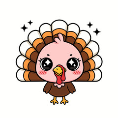 Whimsical and cheerful cartoon turkey with vibrant feathers and shining elements, great for festive designs