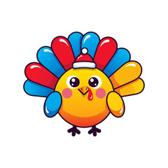 Adorable cartoon turkey with vibrant feathers and a festive Santa hat, perfect for holiday celebrations