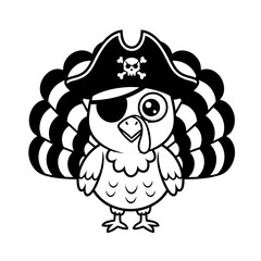 Whimsical cartoon illustration of a festive turkey dressed as a swashbuckling pirate, perfect for holiday designs and playful themes