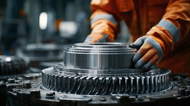 Metalworking precision: Close-up of gloved hands assembling a gear mechanism. Manufacturing process, engineering feat, & mechanical ingenuity in action. Industrial scene.