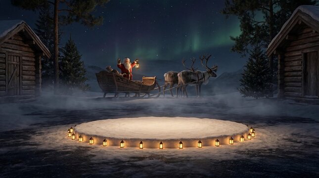 Santa Claus and Reindeer Arriving in a Snowy Winter Village Under the Magical Northern Lights